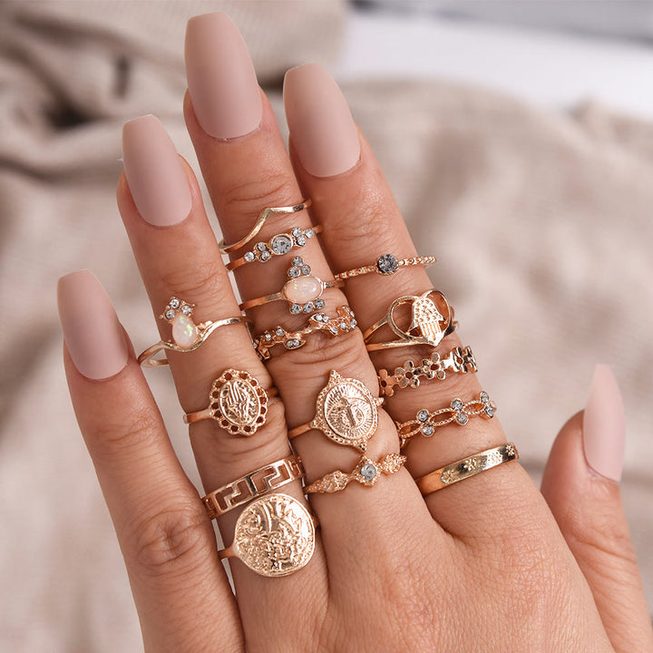 Olivenorma Opal Vintage Cross 15 Piece Alloy Ring Set