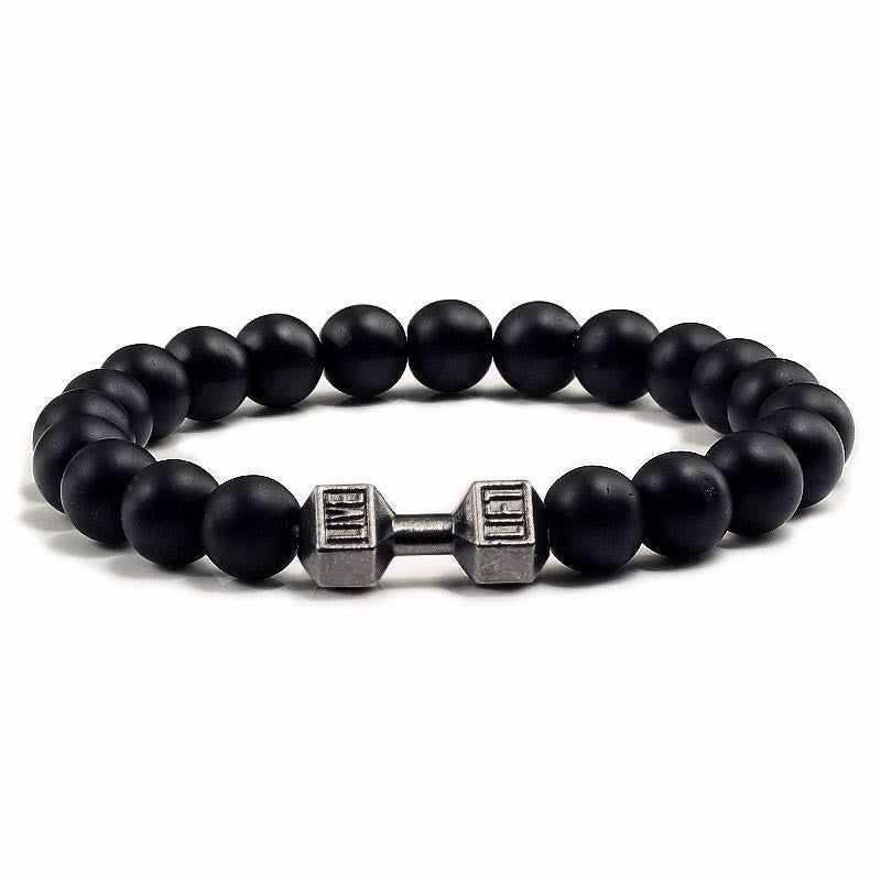 Olivenorma "Live Life" Dumbbells Natural Stone Beads Bracelet - Black Onyx - Black Barbell - 21cm - image 6