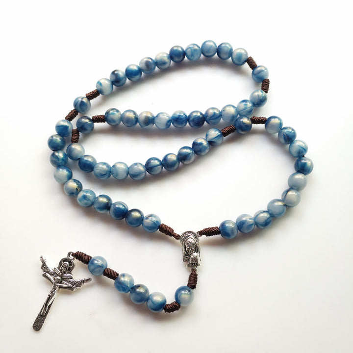 Olivenorma Blue Cat's Eye Stone Jesus Cross Rosary Necklace