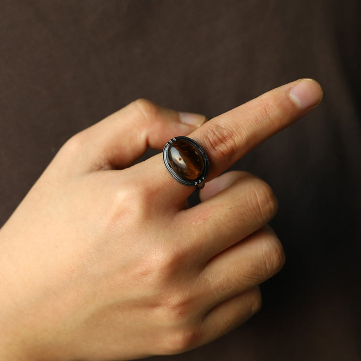 Olivenorma Oval Tiger Eye Adjustable Black Ring