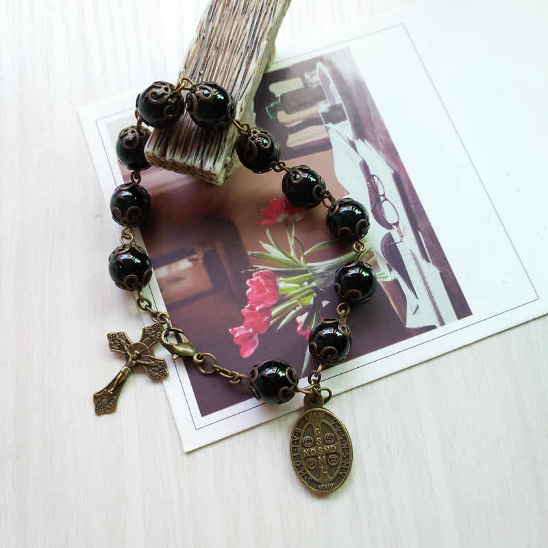 Olivenorma Obsidian Holy Medal Cross Pendant Rosary Bracelet