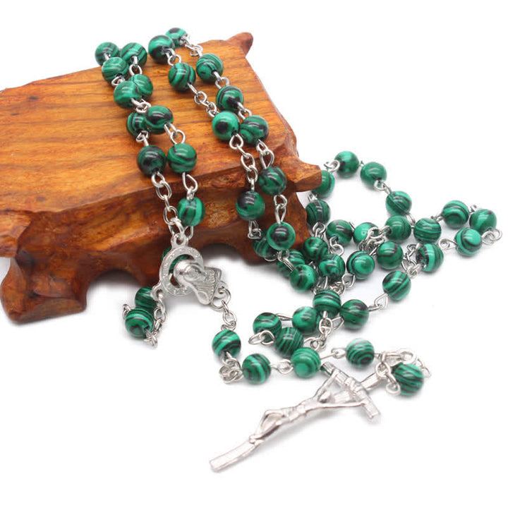 Olivenorma Natural Malachite Cross Rosary Necklace