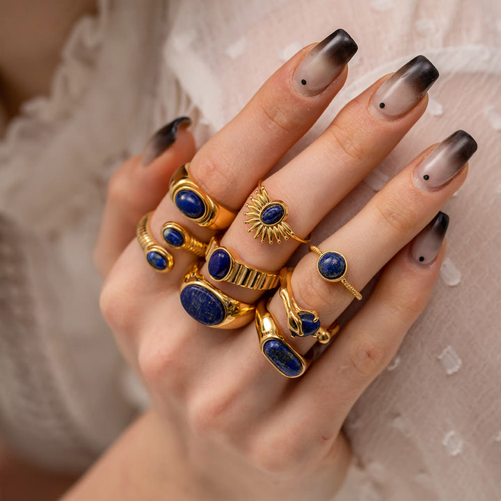 Olivenorma Court Vintage Titanium Steel Lapis Lazuli Ring Set